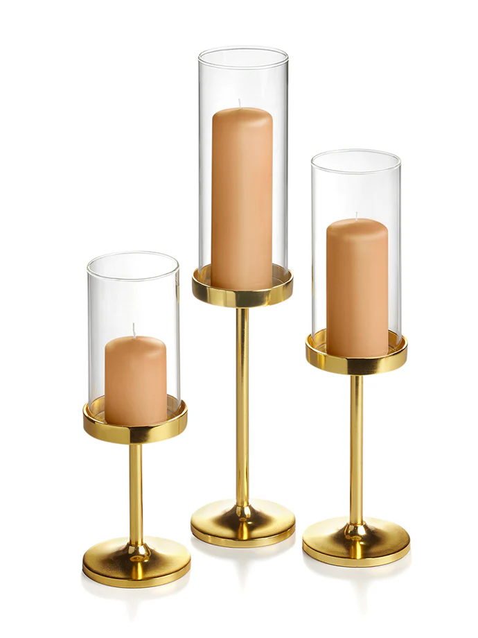 12 Slim Pillar Candles, 12 Cylinder Vases and 12 Gold Vevo Pedestals - Image 15