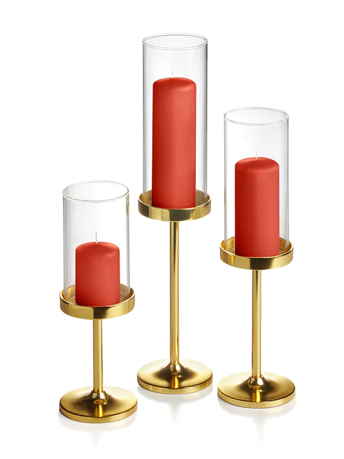 12 Slim Pillar Candles, 12 Cylinder Vases and 12 Gold Vevo Pedestals - Image 22