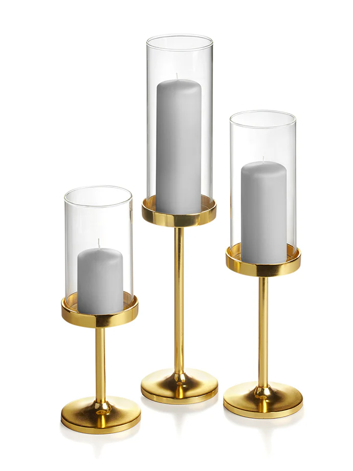 12 Slim Pillar Candles, 12 Cylinder Vases and 12 Gold Vevo Pedestals - Image 27