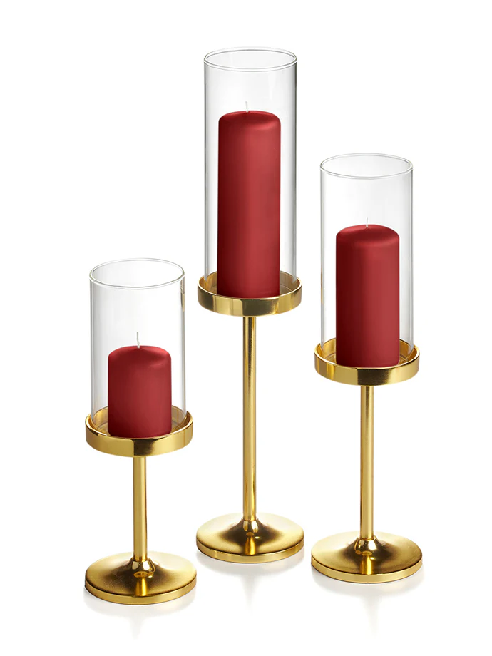 12 Slim Pillar Candles, 12 Cylinder Vases and 12 Gold Vevo Pedestals - Image 3