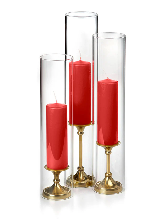 12 Slim Pillar Candles, Glass Chimneys and 12 Gold Timeless Pillar Holders - Image 12