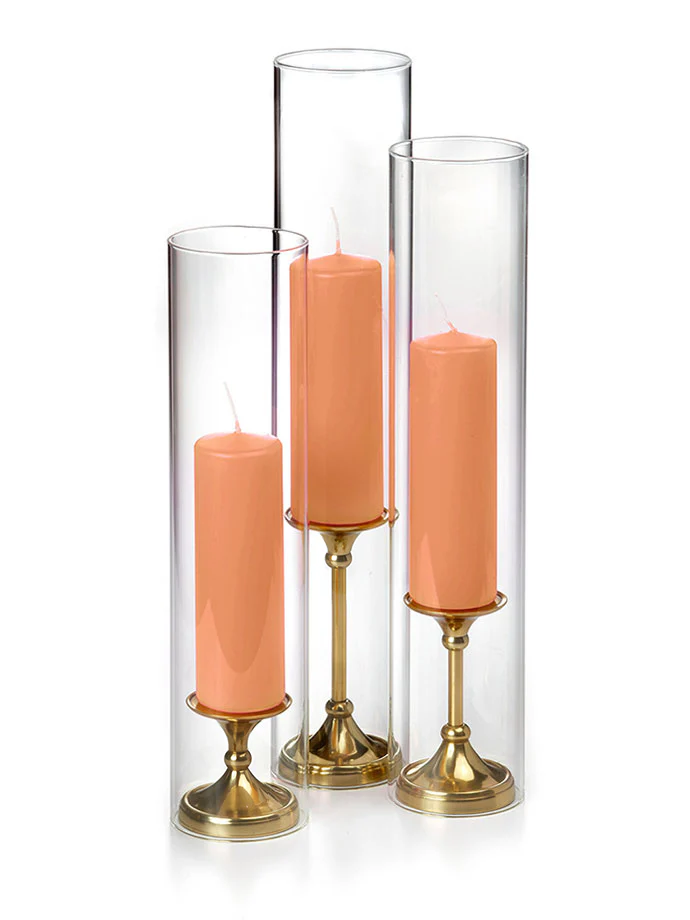 12 Slim Pillar Candles, Glass Chimneys and 12 Gold Timeless Pillar Holders - Image 13