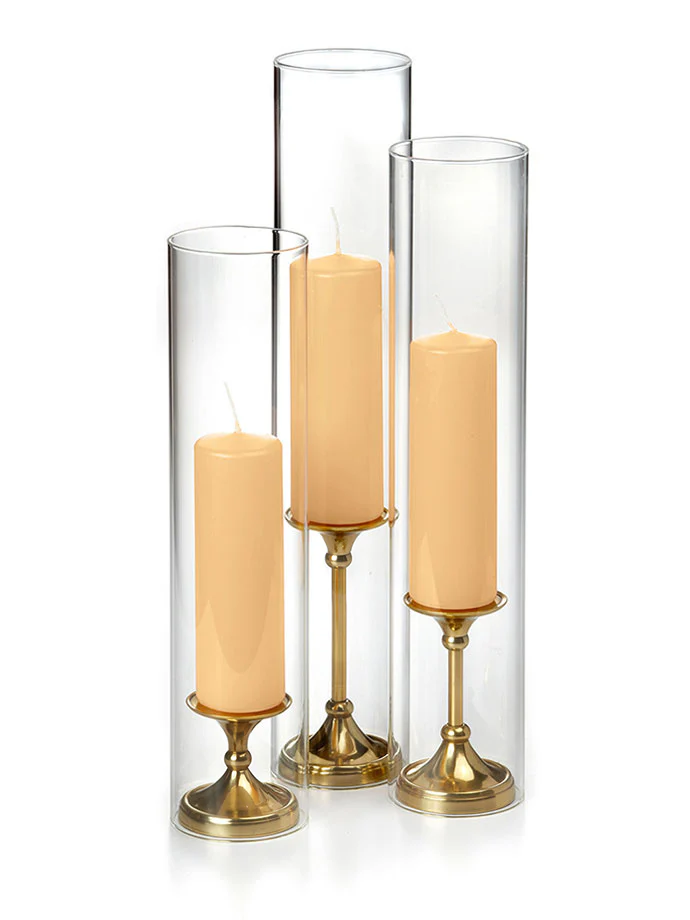 12 Slim Pillar Candles, Glass Chimneys and 12 Gold Timeless Pillar Holders - Image 15