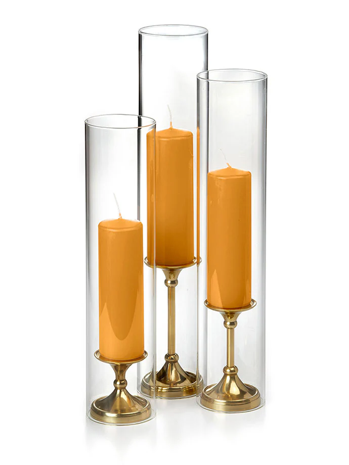 12 Slim Pillar Candles, Glass Chimneys and 12 Gold Timeless Pillar Holders - Image 16