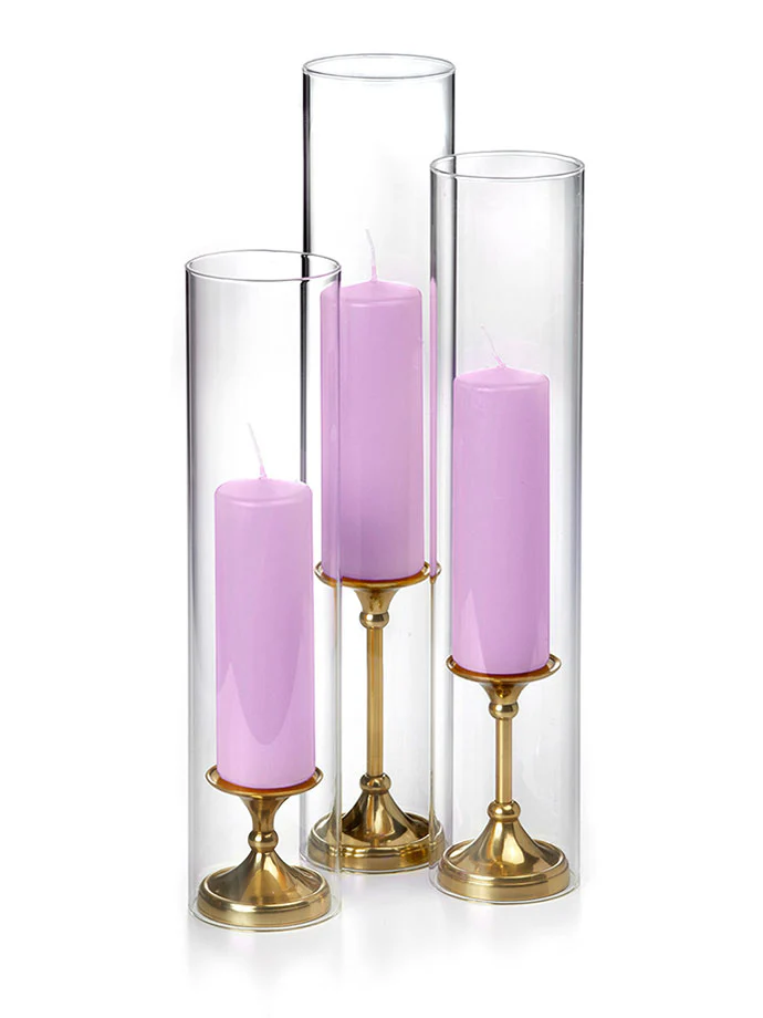 12 Slim Pillar Candles, Glass Chimneys and 12 Gold Timeless Pillar Holders - Image 19