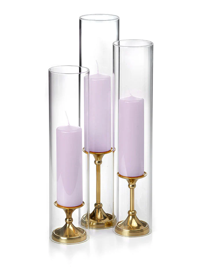 12 Slim Pillar Candles, Glass Chimneys and 12 Gold Timeless Pillar Holders - Image 20
