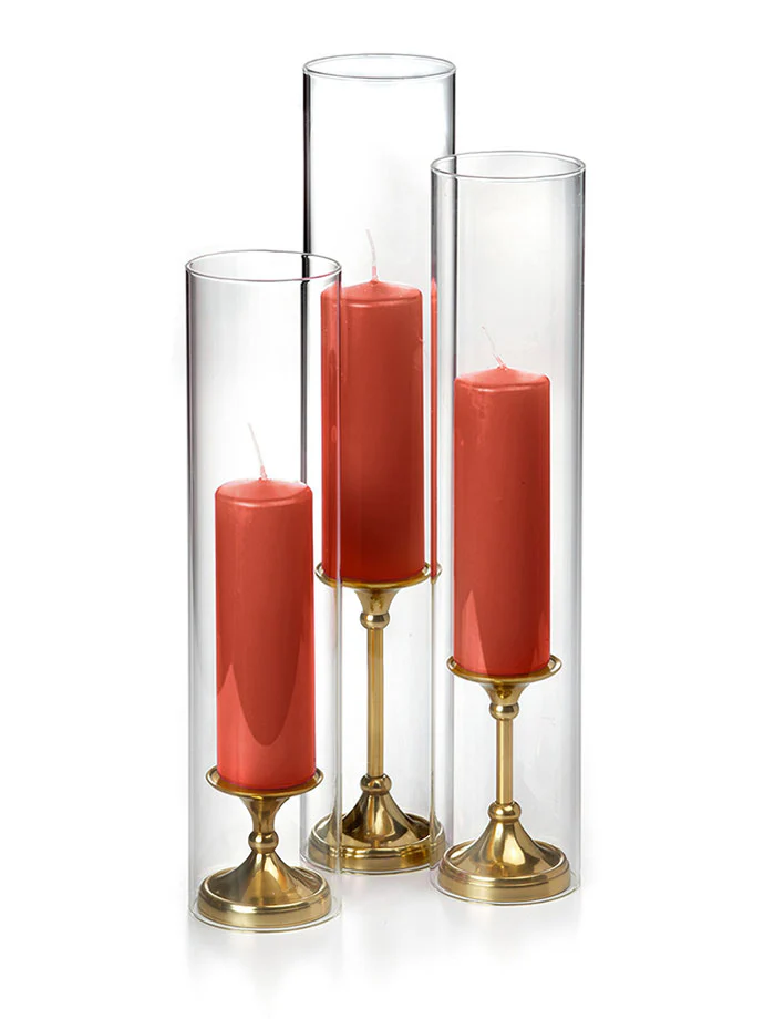12 Slim Pillar Candles, Glass Chimneys and 12 Gold Timeless Pillar Holders - Image 22
