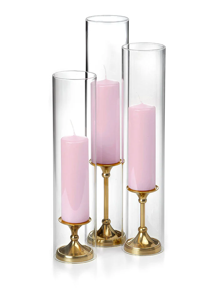 12 Slim Pillar Candles, Glass Chimneys and 12 Gold Timeless Pillar Holders - Image 33