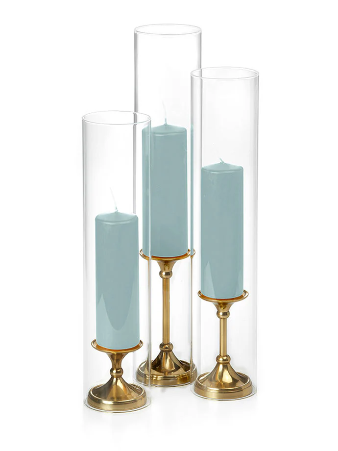 12 Slim Pillar Candles, Glass Chimneys and 12 Gold Timeless Pillar Holders - Image 41