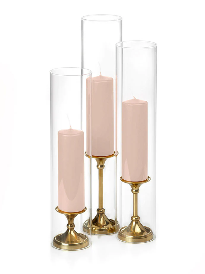 12 Slim Pillar Candles, Glass Chimneys and 12 Gold Timeless Pillar Holders - Image 42