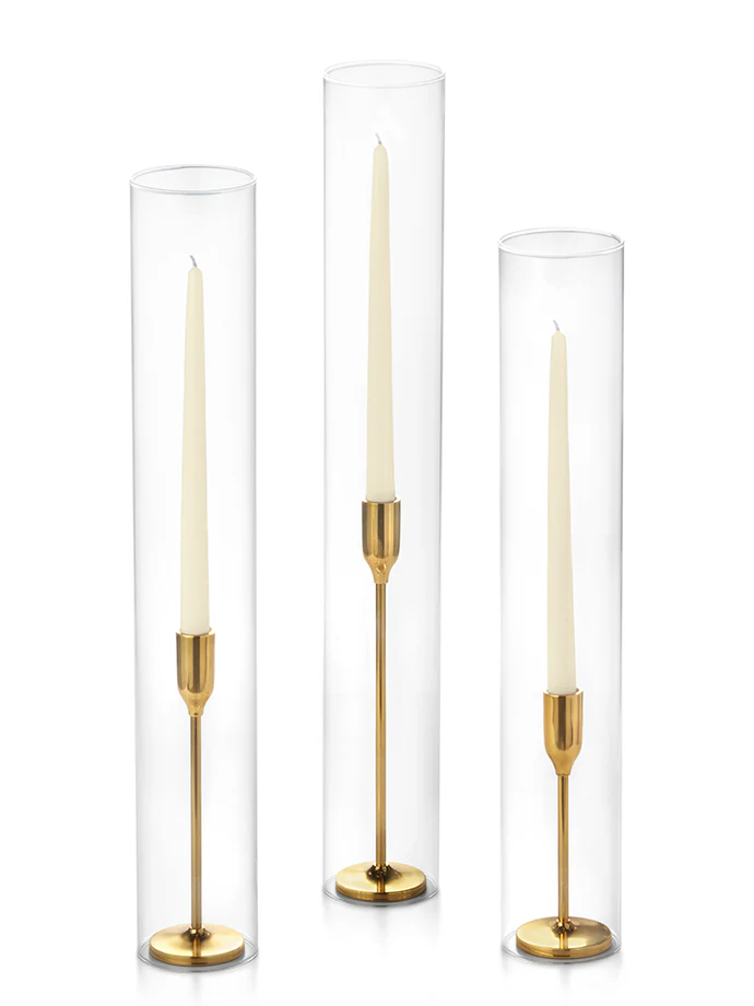 12 Taper Candles, 12 Tall Chimneys and 12 Gold Virtu Candlesticks - Image 2